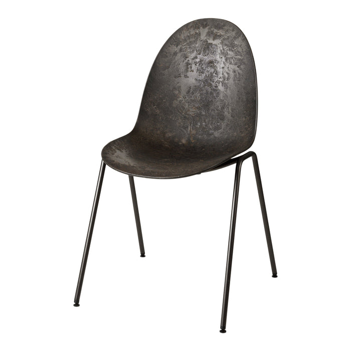Sleek black chair with a smooth, minimalist design and metallic legs, showcasing a modern industrial aesthetic.