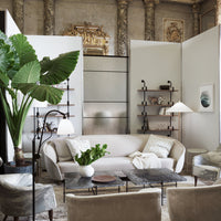 Light beige sofa with textured cushions, green tropical plant, soft gray shelves, and neutral-toned decor in elegant setting.