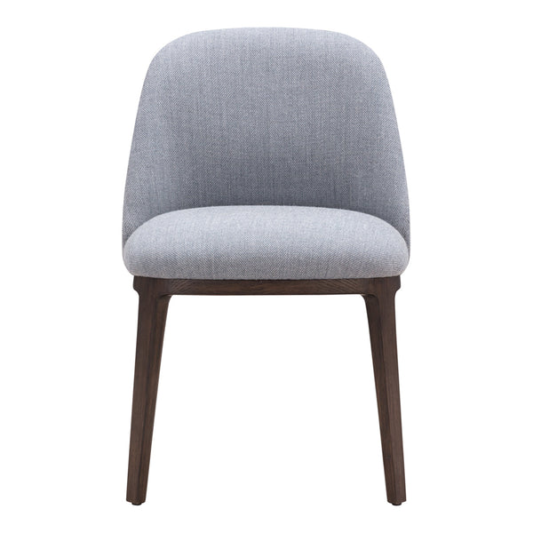 Gray upholstered chair with a smooth, modern design and contrasting dark wooden legs. Minimalist and stylish.