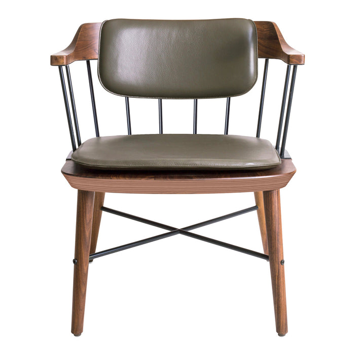 "Mid-century chair with olive green leather seat and back, wooden frame, and black metal accents."