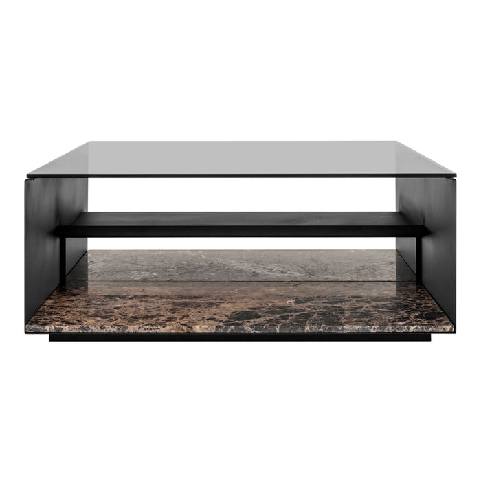 Modern coffee table featuring a sleek black frame and a textured, dark marble top pattern with subtle beige veining.