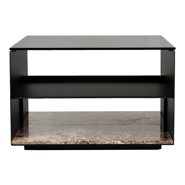 Black modern table with a textured, marble-patterned surface in shades of beige and brown.