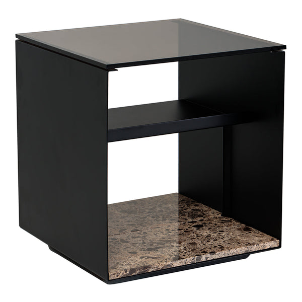 Black modern side table with a polished glass top and a stylish granite-patterned base.