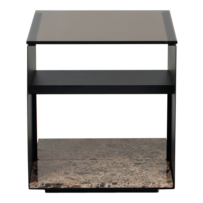 Black metal frame with a smooth black top and a textured brown marble bottom shelf. Modern, sleek design.