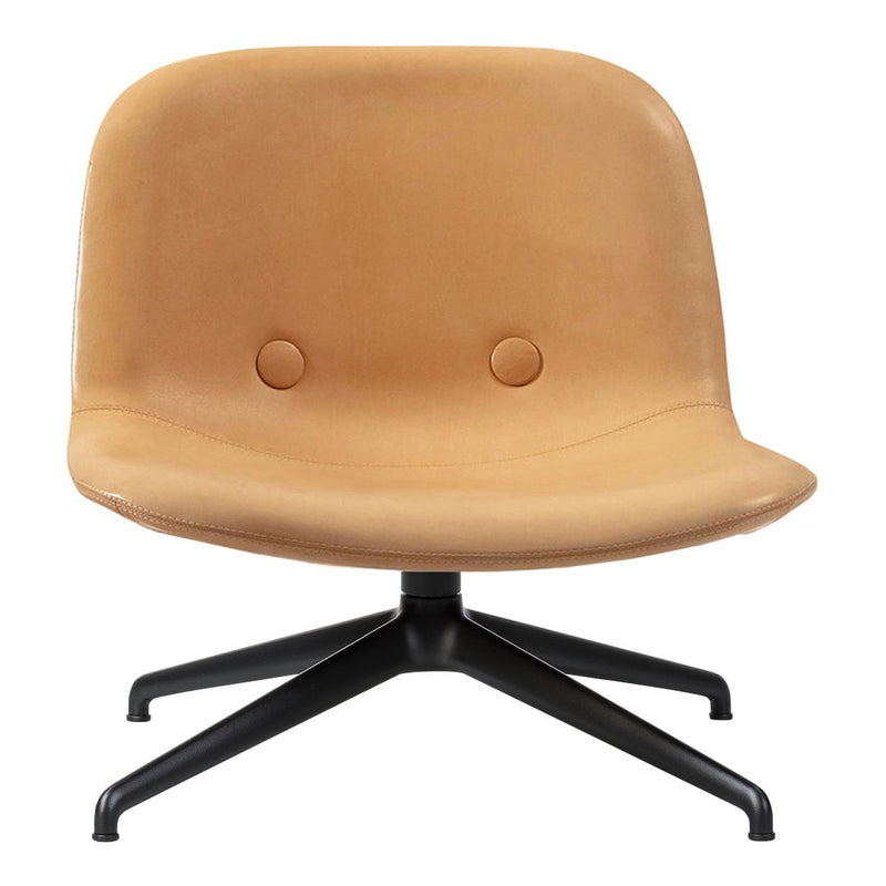 Tan upholstered chair with a smooth, minimalist design and a sleek black metal base. Ideal for modern decor.