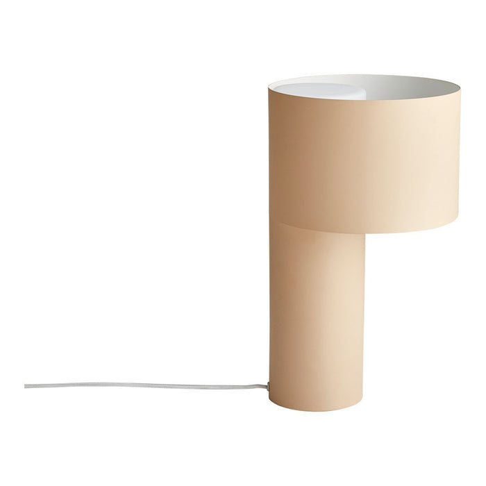 Beige table lamp with a smooth cylindrical base and a round lamp shade, featuring a minimalist design.