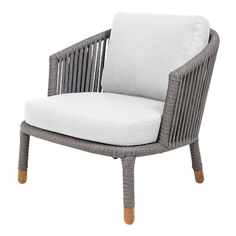 Gray woven chair with white cushion, featuring a sleek, modern design and wooden legs. Ideal for contemporary decor.