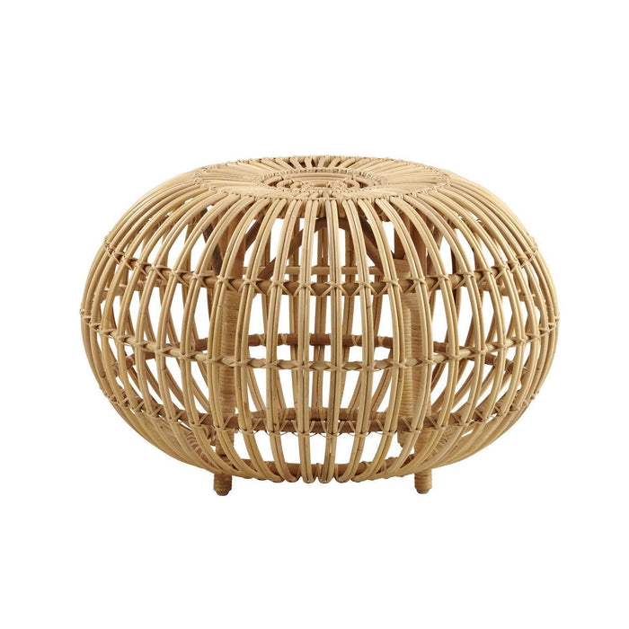 Natural rattan pouf in a round, open-woven design featuring a warm beige color and intricate patterns.