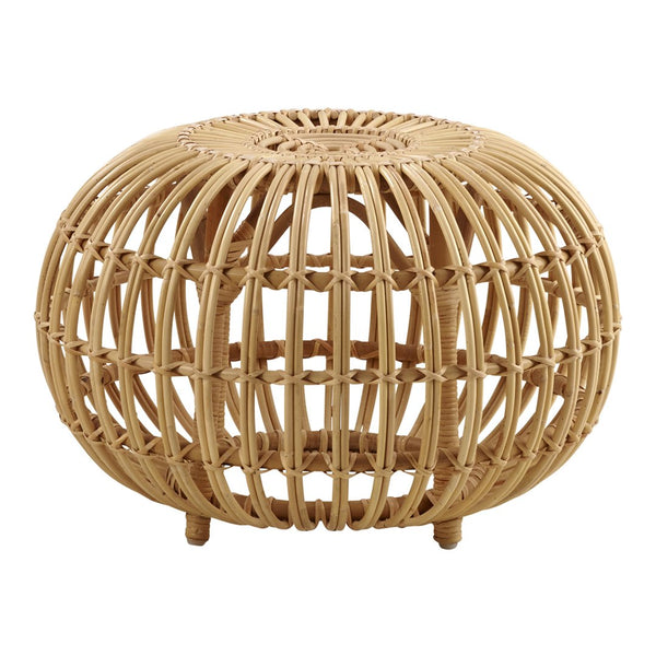 Round rattan pouf in natural beige tones with an open woven pattern, adding a touch of organic elegance to any space.