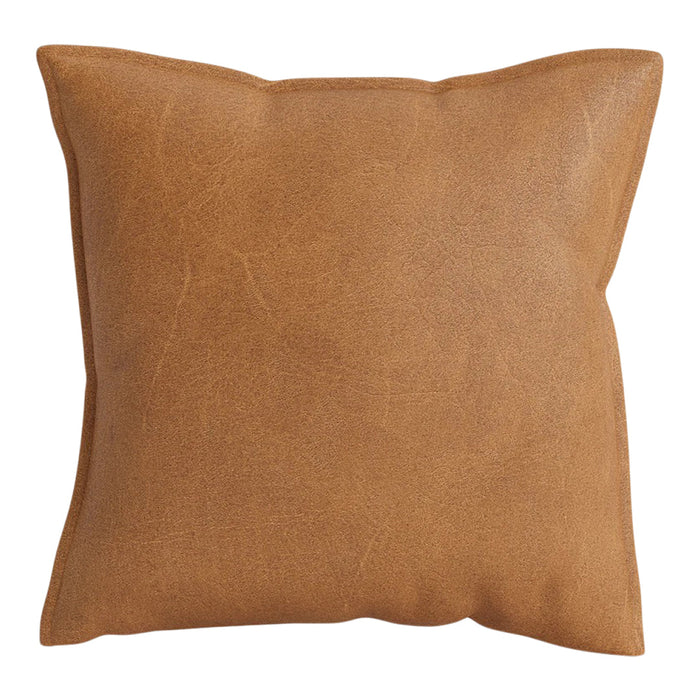 Tan leather square pillow with a smooth, textured surface and subtle sheen, perfect for modern decor.