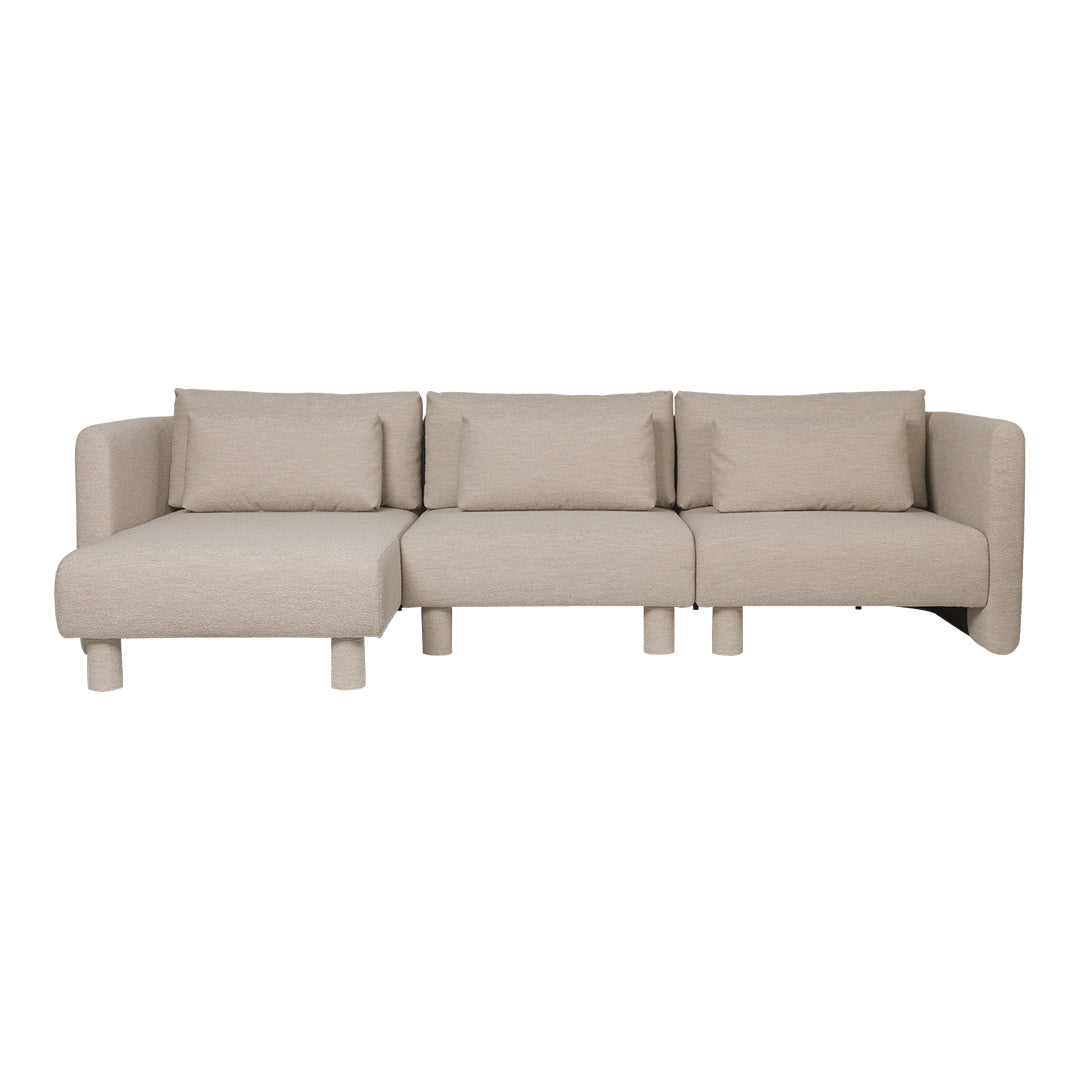 Beige sectional sofa with clean lines and textured fabric, featuring a modern, minimalist design.