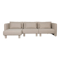Beige sectional sofa with clean lines and textured fabric, featuring a modern, minimalist design.