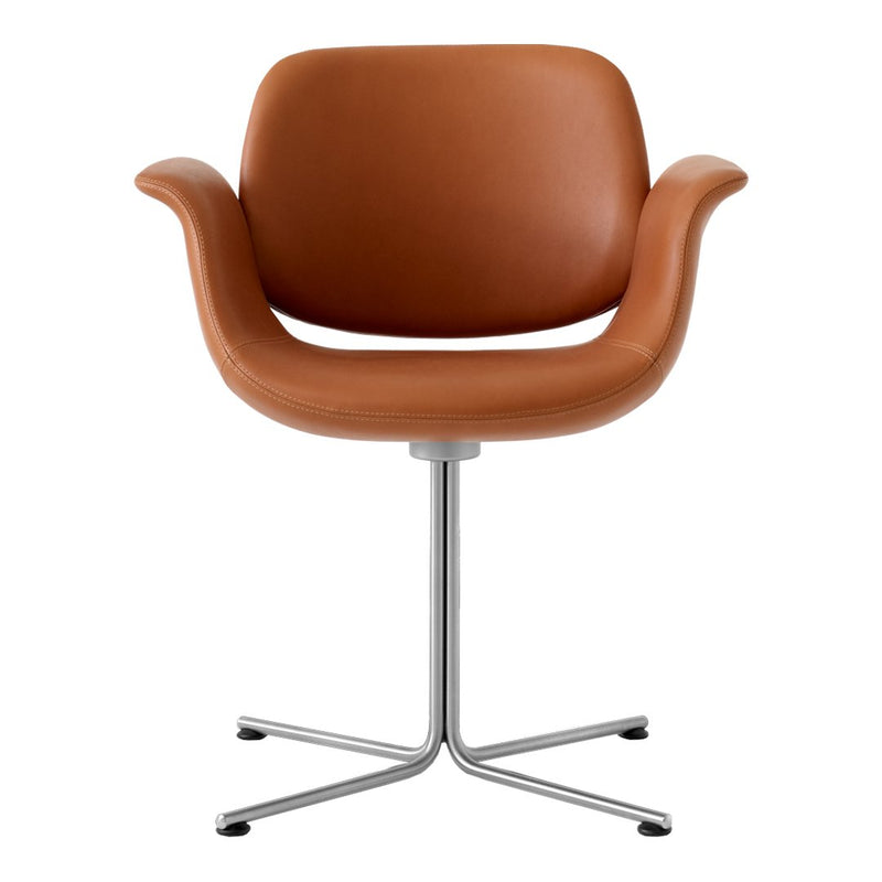 Brown leather chair with a smooth finish and a modern stainless steel base. Ideal for contemporary interiors.