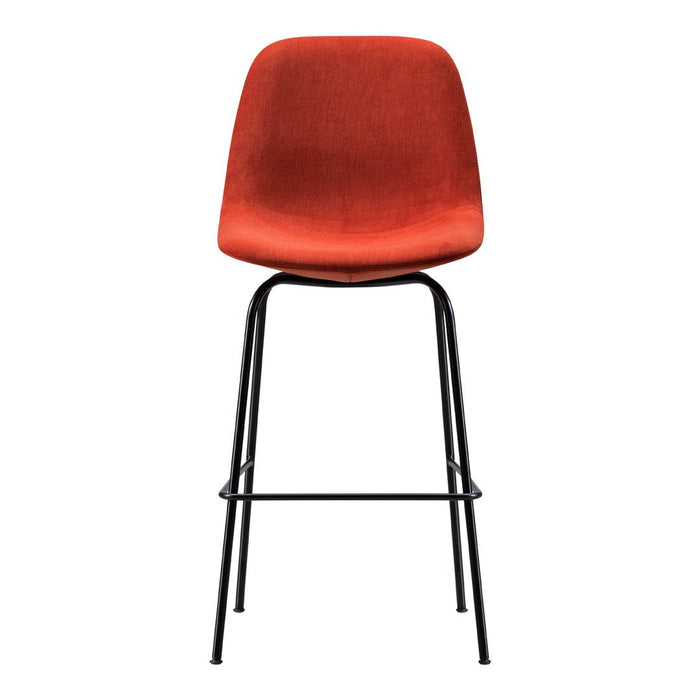 "Modern orange upholstered bar stool with sleek black metal legs, featuring a simple, clean design."