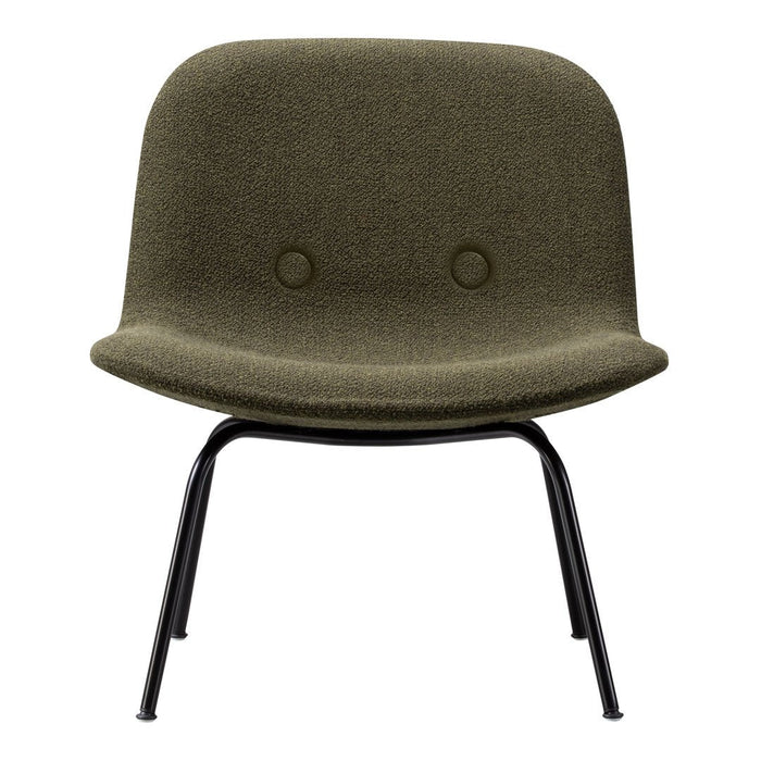 Olive green upholstered chair with two circular buttons and sleek black metal legs. Minimalist design and modern aesthetic.