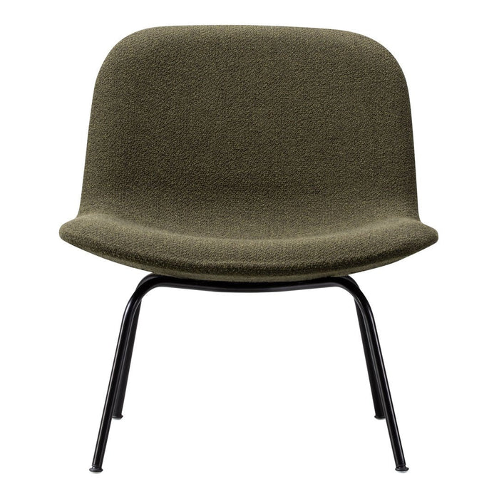 Olive green upholstered chair with a minimalist design and black metal legs. Soft texture, modern aesthetic.