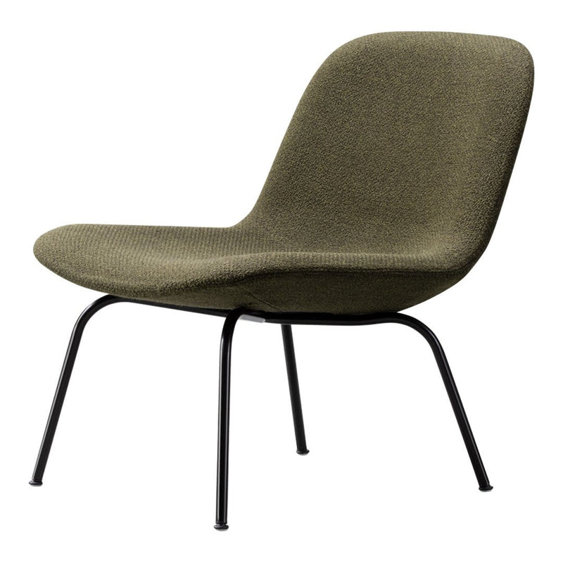 Stylish green upholstered chair with smooth, modern lines and sleek black metal legs. Perfect for contemporary decor.