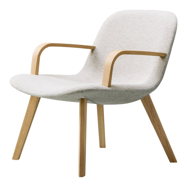 Light gray fabric armchair with smooth curves and natural wood legs, perfect for modern decor.