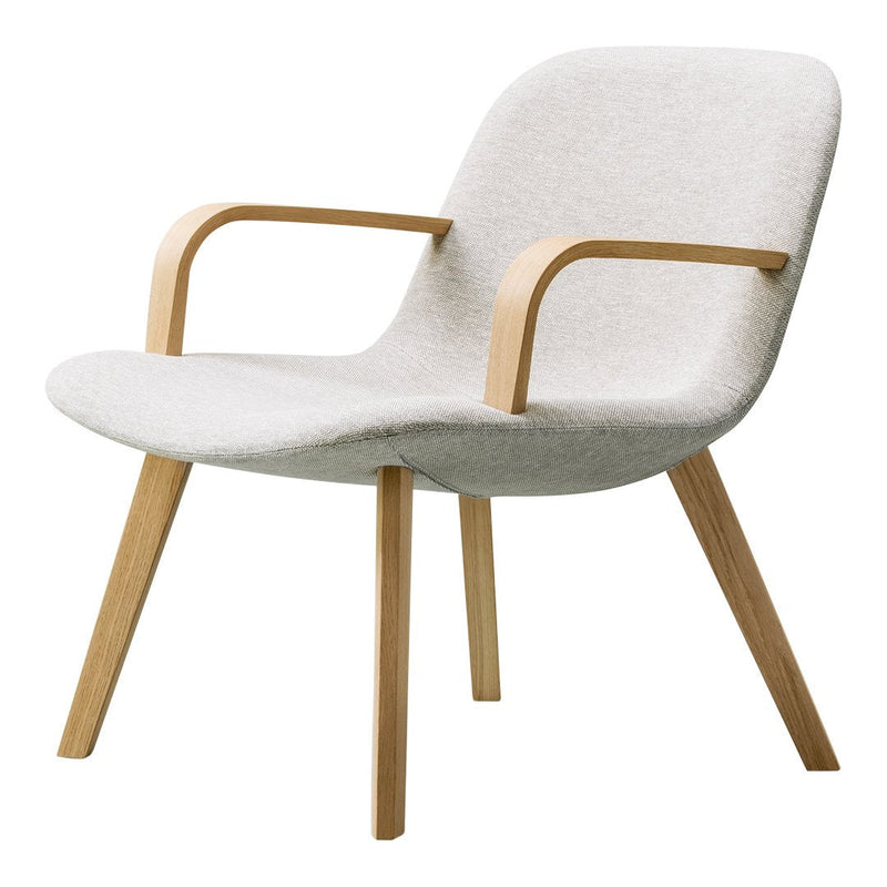 Light gray fabric armchair with smooth curves and natural wood legs, perfect for modern decor.