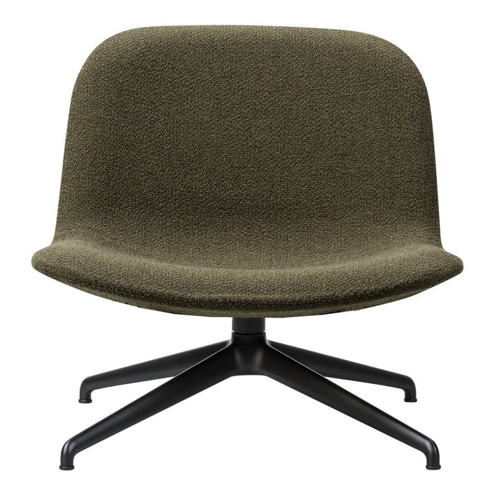 Olive green upholstered chair with a smooth texture and black metal base. Modern, minimalist design.