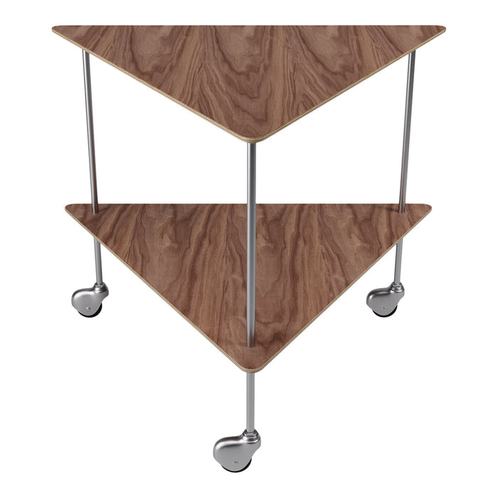 Brown wood grain patterned shelves with sleek metal legs and heart-shaped casters on a modern triangular end table.