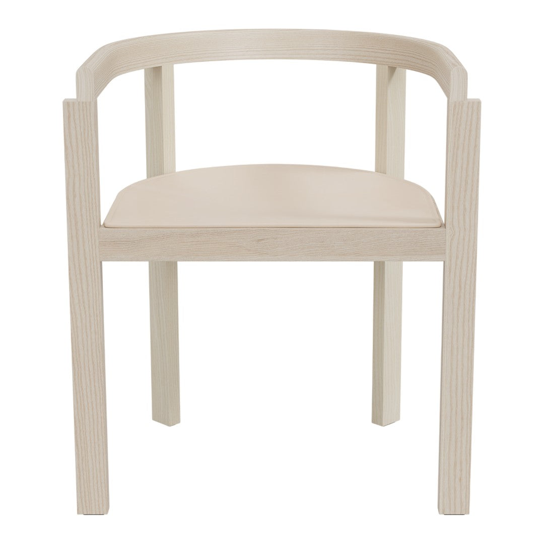 Light wood chair with a beige seat, featuring a minimalist design and smooth, clean lines. Perfect for modern decor.