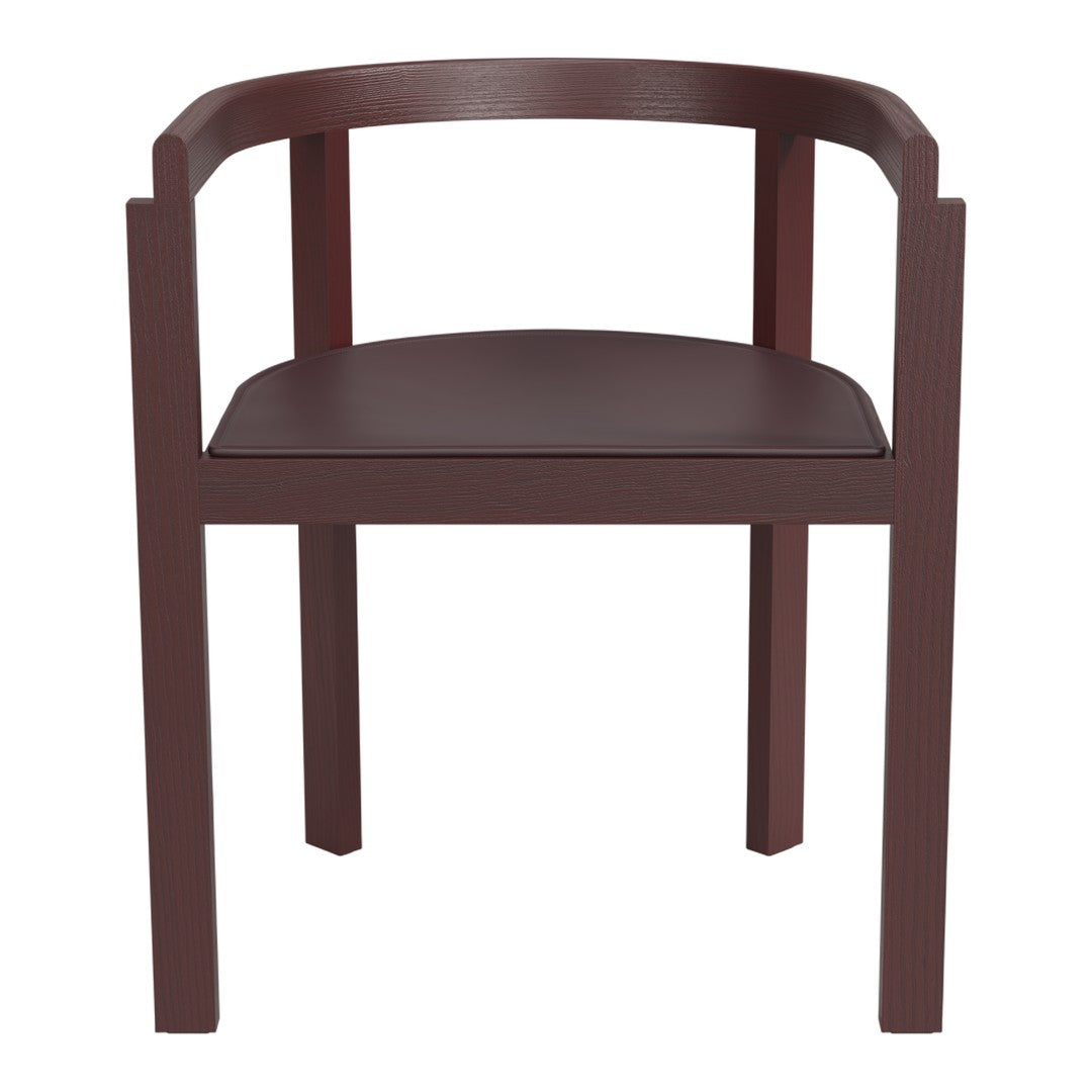 Burgundy wood chair with a dark brown padded seat, featuring a smooth, minimalist design. Ideal for modern decor.
