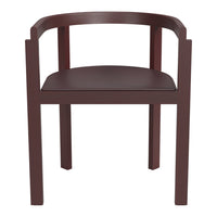 Burgundy wood chair with a dark brown padded seat, featuring a smooth, minimalist design. Ideal for modern decor.