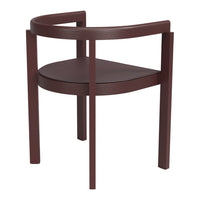 Rustic maroon chair with smooth, curved wooden frame and a simple, chic design for modern interiors.