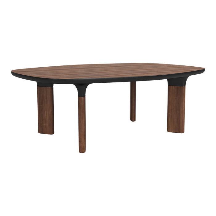 Wooden dining table with a rich brown finish, featuring a smooth surface and sleek black accents on the legs.