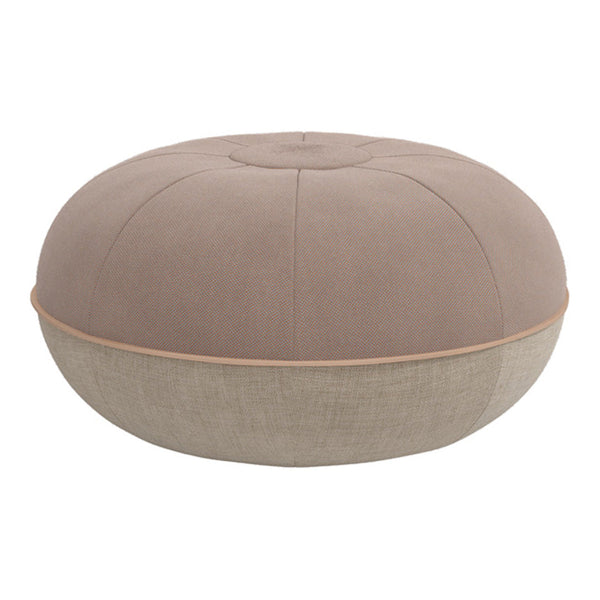 Soft beige and light brown pouf with a textured, round design and contrasting fabric patterns. Ideal for modern decor.