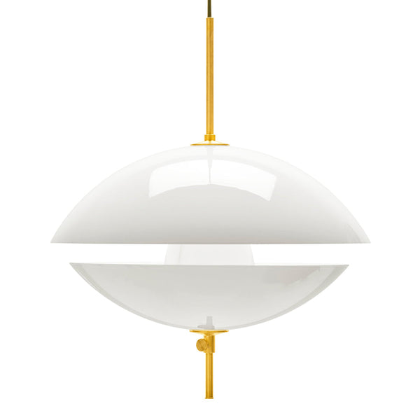 White oval pendant lamp with a glossy finish and a sleek yellow hanging rod. Modern design with clean lines.