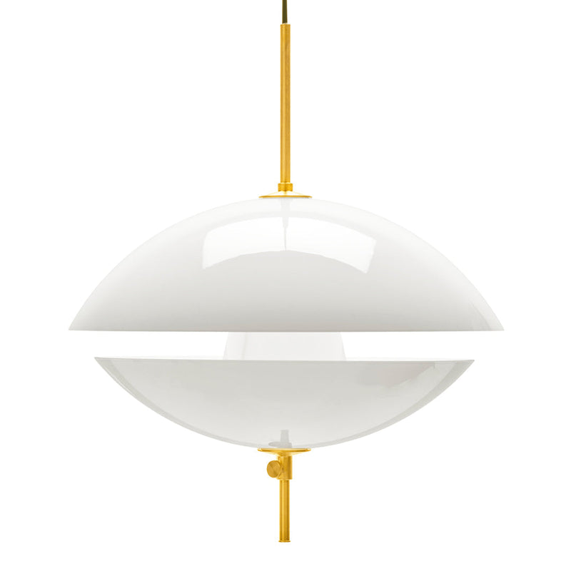 White oval pendant lamp with a glossy finish and a sleek yellow hanging rod. Modern design with clean lines.