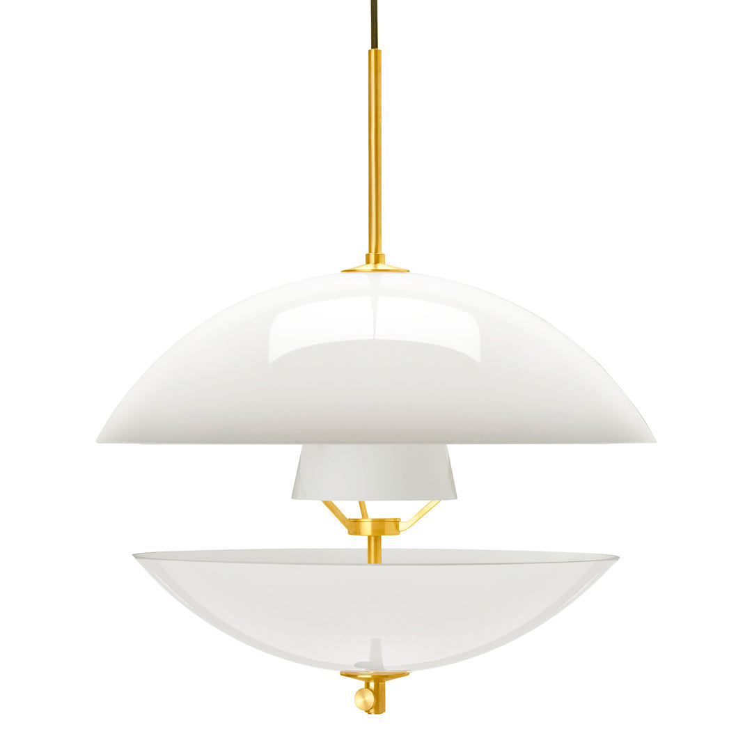 Modern white pendant lamp with smooth, glossy finish and gold accents, featuring a stylish layered design.