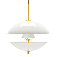 Modern white pendant lamp with smooth, glossy finish and gold accents, featuring a stylish layered design.