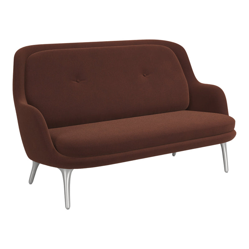 Brown upholstered sofa with a smooth, modern design and subtle tufted detailing, supported by sleek metal legs.