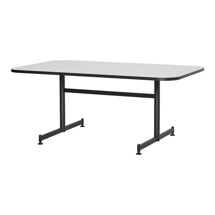 Gray rectangular table with a smooth surface and sleek black metal legs, perfect for modern settings.