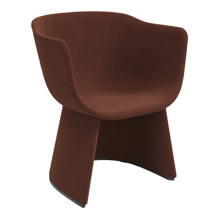 Brown upholstered armchair with a sleek, modern design and smooth, rounded edges. Ideal for contemporary decor.