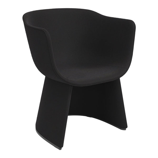 Black modern armchair with a smooth, minimalist design and sleek lines, perfect for contemporary decor.