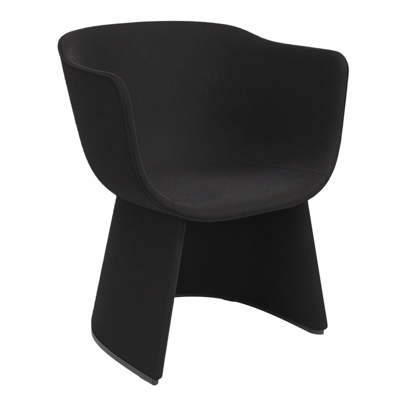 Black modern armchair with a smooth, minimalist design and sleek lines, perfect for contemporary decor.