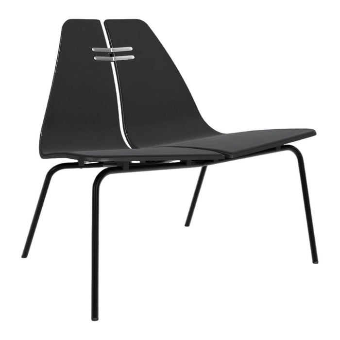 Black modern chair with sleek lines and a glossy finish, featuring a minimalist design and polished metal accents.