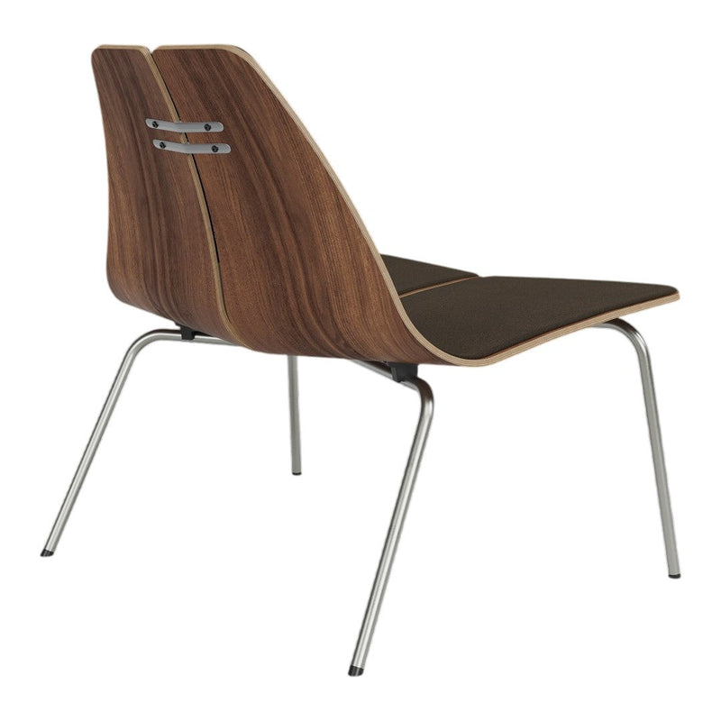 Wooden chair with a rich walnut finish and sleek black seating, complemented by silver legs for a modern touch.
