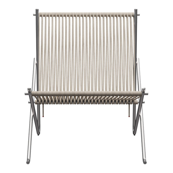 Beige and silver striped lounge chair with a sleek, modern design and open slat pattern. Ideal for stylish interiors.