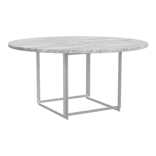 Round table with a textured gray marble top and a sleek silver metal base. Modern design with minimalist aesthetics.