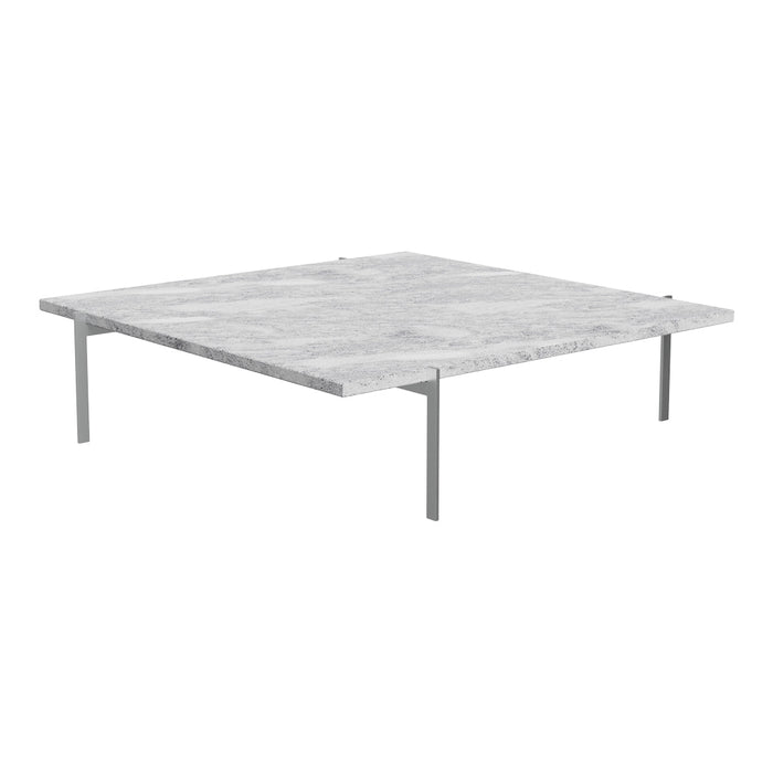 Square marble coffee table in light gray with subtle veining, featuring minimalist silver metal legs.