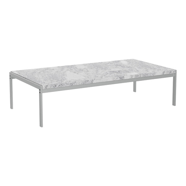 Rectangular coffee table with a gray marble top and sleek silver metal legs, showcasing a modern monochrome design.