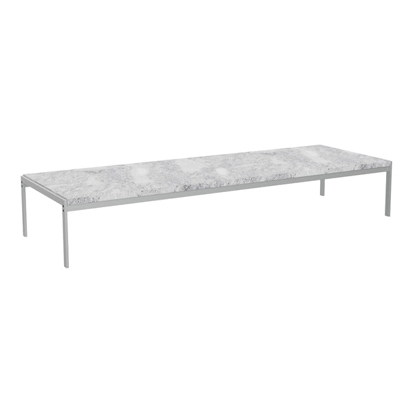 Gray marble surface with subtle white veining, complemented by a sleek silver metal frame. Modern and minimalist design.