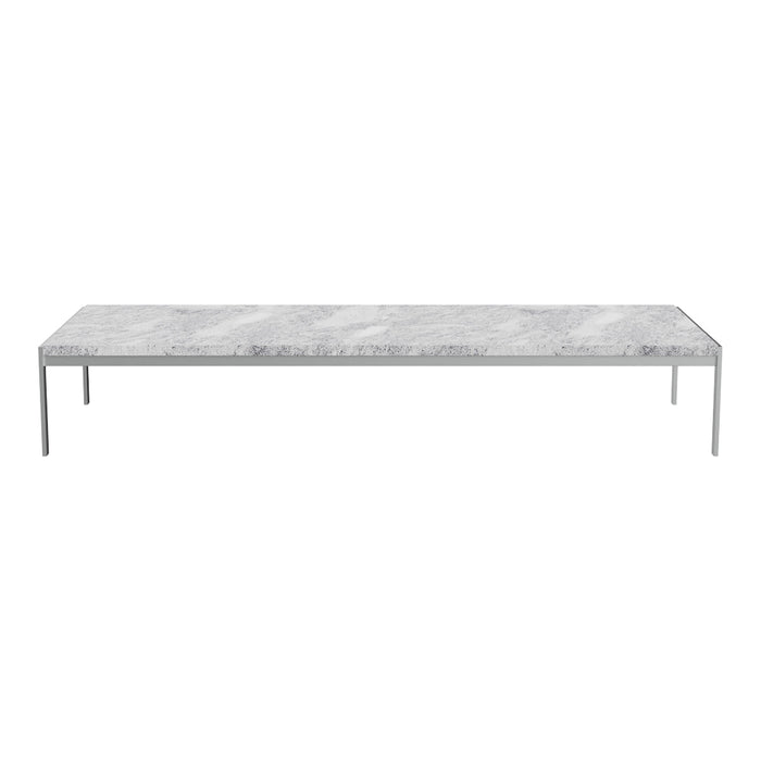 Sleek silver metal frame with a smooth white and gray marbled tabletop, perfect for modern decor.