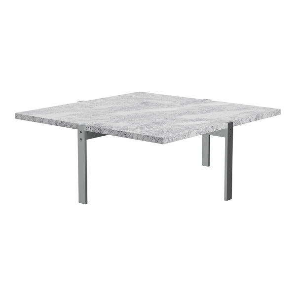 Gray marble tabletop with subtle white veins, supported by sleek metallic legs. Modern and elegant design for any space.