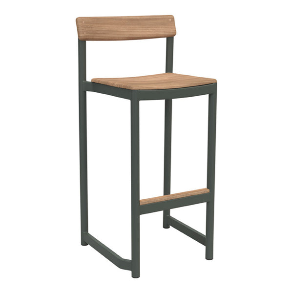 "Bar stool featuring a natural wood seat and dark green metal frame for a modern, stylish look."